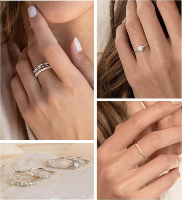 Stackable Silver Plated Rings for Women Non Tarnish, Dainty Sterling Silver Diamond Pearl Rings Set Thumb Fashion Thin Cubic Zirconia Simple Unique Statement Ring Pack Women Jewlery 6/7/8/9/10