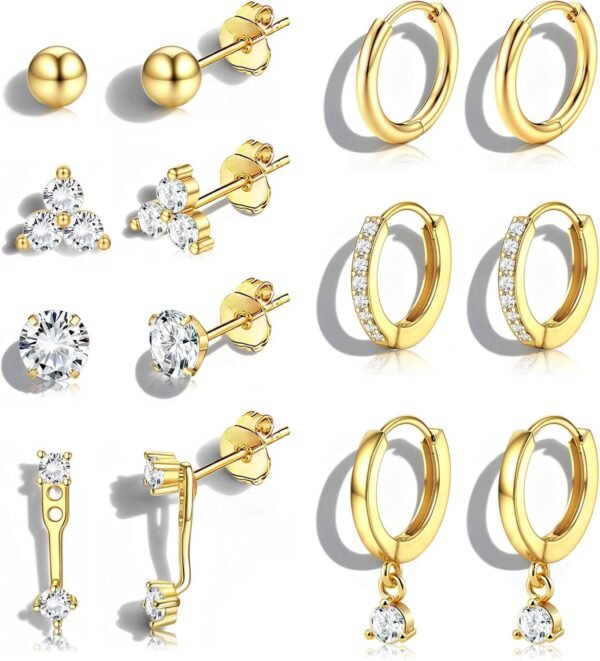 Hypoallergenic Gold Plated Stud Hoop Earrings for Women - Surgical Stainless Steel Earrings Trendy Small Hoops Cartilage Earring Stacks Huggie Earring Set for Multiple Piercing Jewelry