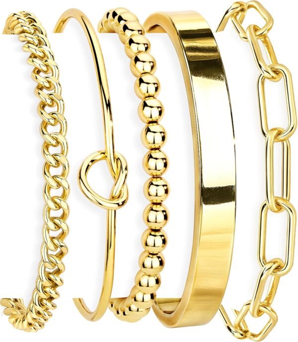 Gold Bracelets Set for Women Non Tarnish,  Gold Plated Sterling Silver Chunky Cuff Bracelet Stackable Gold Bangles Bracelet for Women Trendy Fashion Accessories Tie Knot Cuban Rope Paperclip Beaded Bracelet Stack Jewelry Valentines Day Gifts