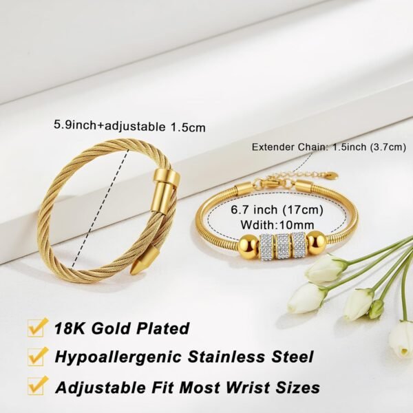 2PCS   Gold Plated Nail Bangle & Chain Bracelet Set for Women, Adjustable Stackable Bangle Jewelry, Dainty Gold Bracelet Gift for Women