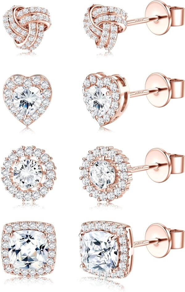 4 Pairs Sterling Silver CZ Stud Earrings for Women Gold Plated Brilliant Celtic Heart Big Stud Earrings Set Cubic Zirconia Earrings Studs for Sensitive Ear