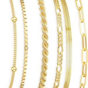 Gold Bracelets for Women Waterproof,  Gold Plated Jewelry Sets Trendy Thin Dainty Stackable Cuban Link Paperclip Chain Bracelet Pack Fashion Accessories Gifts for Womens