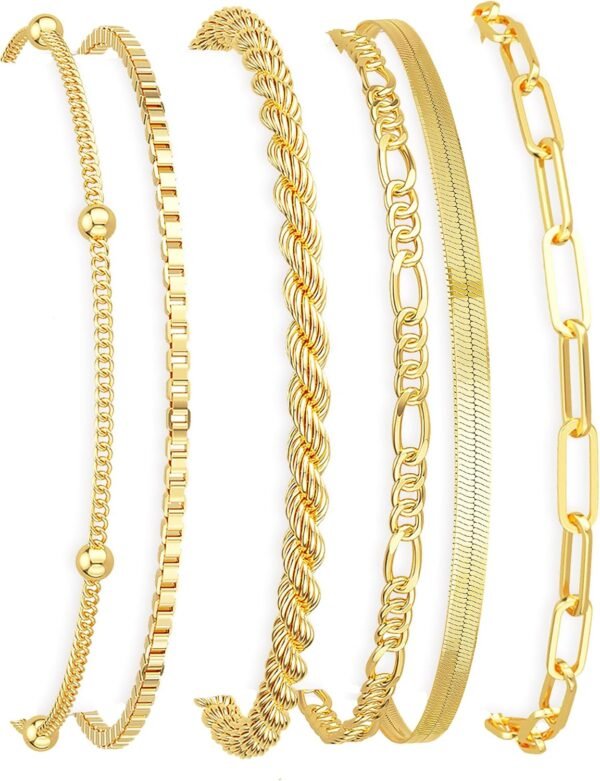 Gold Bracelets for Women Waterproof,  Gold Plated Jewelry Sets Trendy Thin Dainty Stackable Cuban Link Paperclip Chain Bracelet Pack Fashion Accessories Gifts for Womens