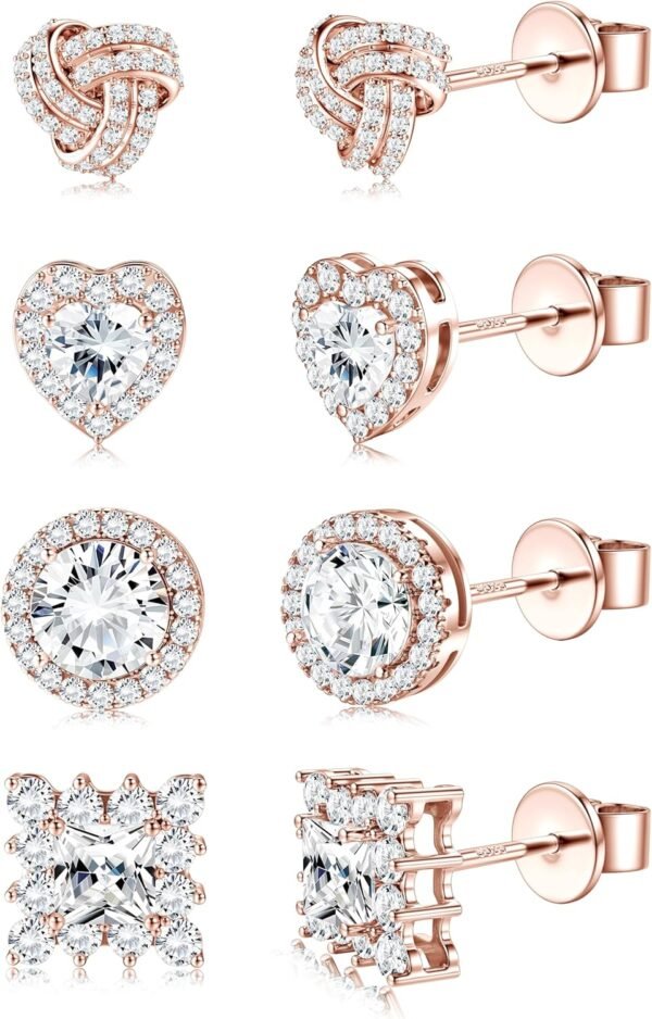4 Pairs Sterling Silver CZ Stud Earrings for Women Gold Plated Brilliant Celtic Heart Big Stud Earrings Set Cubic Zirconia Earrings Studs for Sensitive Ear