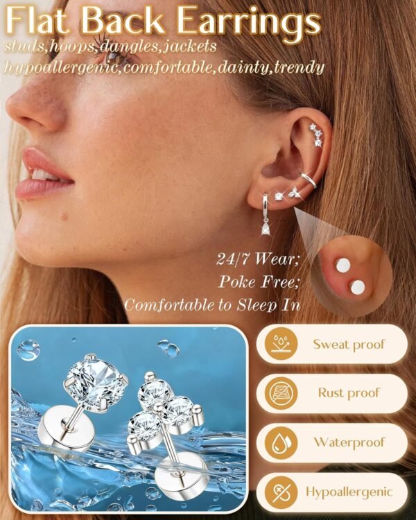 Hypoallergenic Flat Back Earrings  Gold Plated Cartilage Earring Sets for Multiple Piercing 20G Surgical Stainless Steel Earrings for Women Trendy Earring Stacks Small Hoop Flatback Stud Earrings