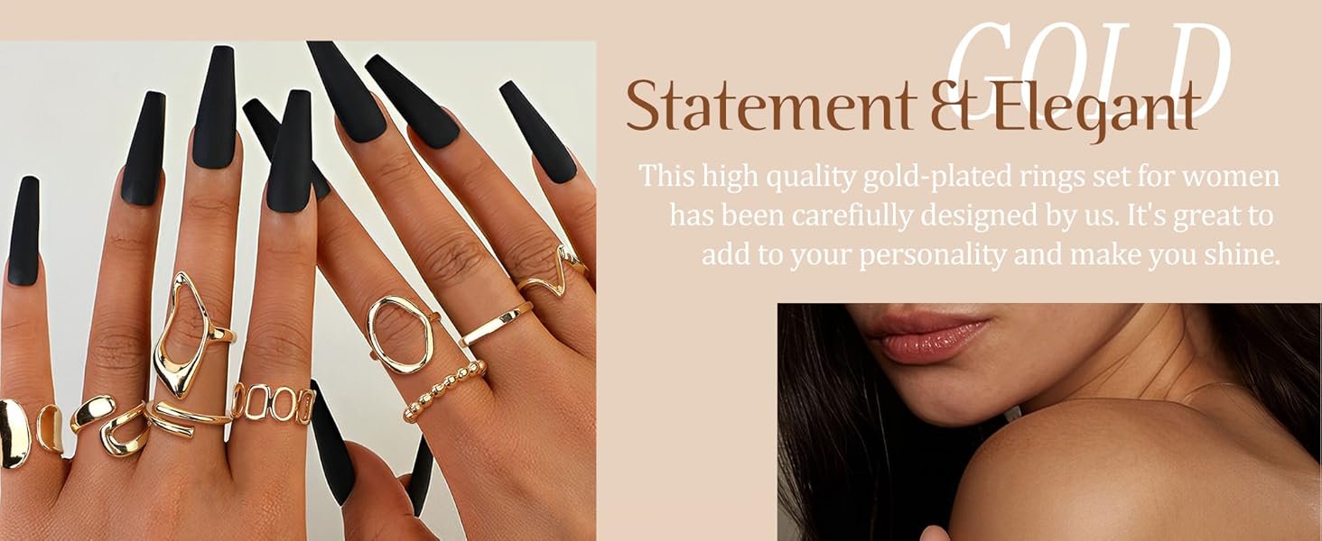 9 Pcs Gold Chunky Rings set for Women