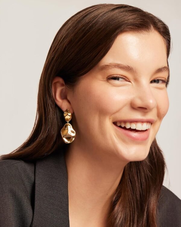 Gold Plated 925 Sterling Silver Posts Teardrop Statement Dangle Earrings | Lightweight Hammered Drop Dangle Earrings for Women